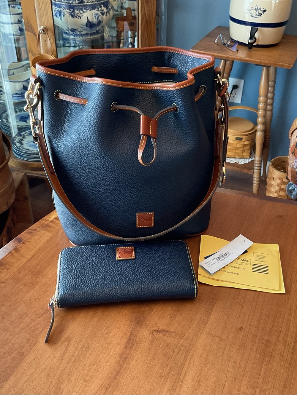 Dooney & Bourke Midnight Blue Navy Pebbled Drawstring Bucket Bag with wallet